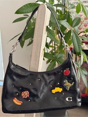 Coach Juliet Glazed Black Leather Handbag with Coach Create Customization(CR652)
